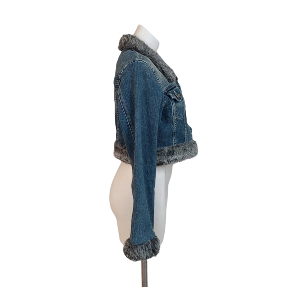Americana Blues Denim Crop Jean Jacket Faux Fur Details Size L - Picture 4 of 9